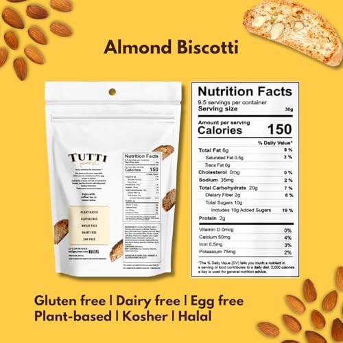 Tutti Gourmet Gluten Free Almond Biscotti, 9.9 oz (283g) Resealable Cookie Bag – Vegan and Halal Snacks