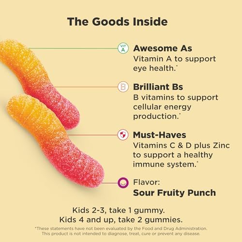 OLLY Kids Multivitamin Gummy Worms, Overall Health and Immune Support, Vitamins and Minerals A, C, D, E, Bs and Zinc, Chewable Supplement, Sour Fruit Punch, 45 Day Supply (70 Count)