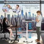 Mobile Standing Desk,Height Adjustable Overbed Bedside Table with Wheels&Cup Holder,Hand Crank Sit Stand Desk and Laptop Cart,Computer Workstation for Home Office Classroom Hospital (Manual Walnut)