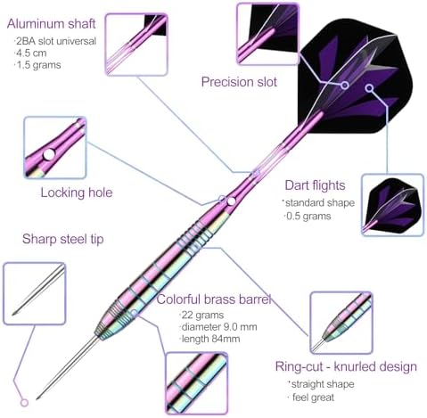 Steel Tip Darts Set for Dartboard, Professional Brass Darts Metal Tip Black Purple Aluminium Nylon Shafts 9 Flights 50 Rubber O-Rings 12 Spring Rings 1 Dart Sharpener Tool 24/27 Grams
