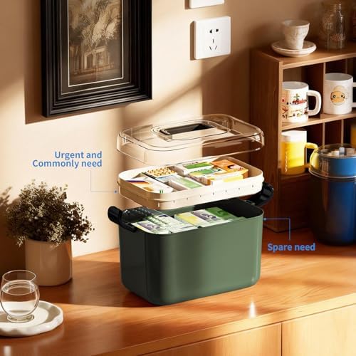 2 Tiers Medicine Organizer - Portable Medicine Storage Box with Handle, Large Capacity Plastic Medical Cabinet, Multipurpose Supply Organizer with Removable Tray, Empty First Aid Kit for Home