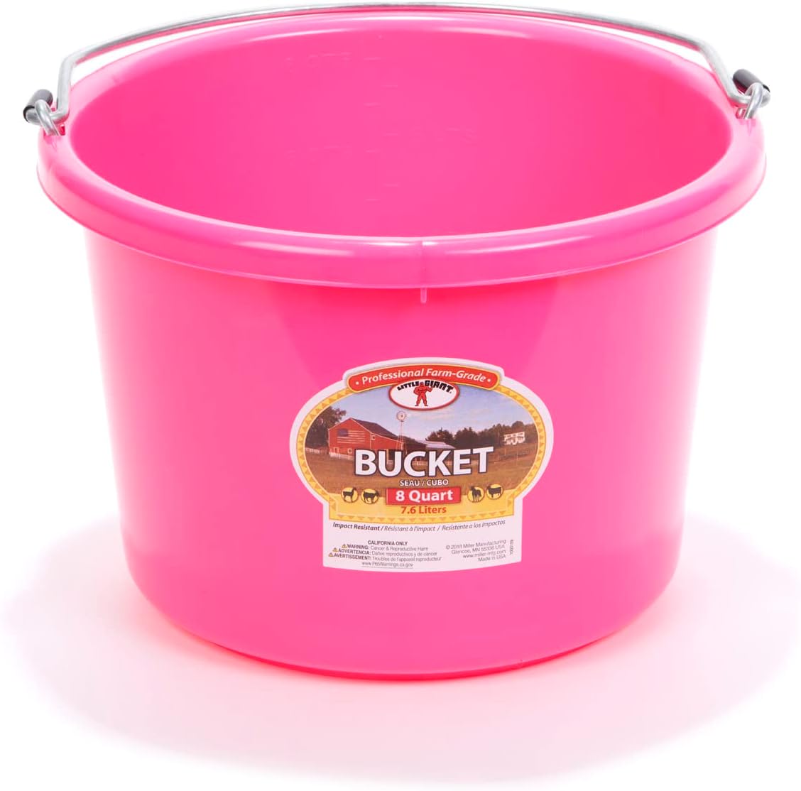 Little Giant® Plastic Animal Feed Bucket | Round Plastic Feed Bucket with Metal Handle | Made in USA | 8 Quarts | Hot Pink