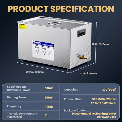 Anbull 30L/8Gal 600W Industrial Ultrasonic Cleaner Machine with 304 Stainless Steel and Digital Timer Heater for Wrench Tools Industrial Parts Mental Instrument Apparatus Cleaning