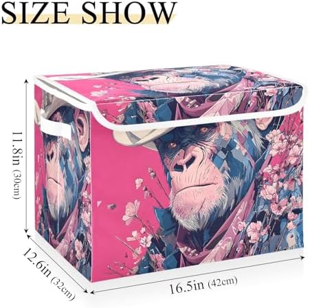 Collapsible Storage Basket with Lid Comic Gorilla Print 1 Pack, Storage Organizer Cube Bin for Home Office