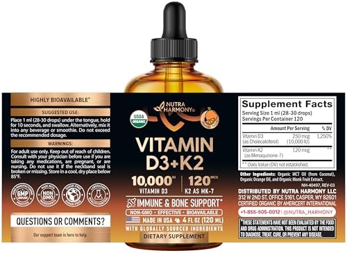 Vitamin D3 K2 USDA Organic Drops - Vitamin D3 10000 IU & K2 as MK-7 120mcg - Immune & Mood Support, Bone & Teeth Health - Sugar-Free Orange Flavor - Liquid Supplement - Made in USA - 4 FL OZ, 120 Days