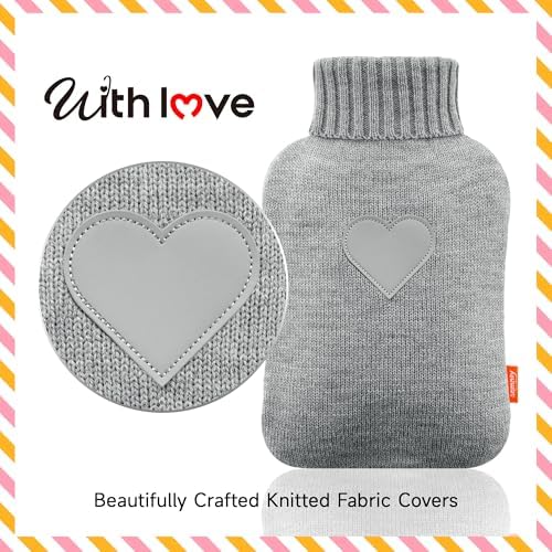samply 2L Hot Water Bottle, 2 Packs Hot Water Bag with 2 Knitted Covers for Pain Relief, Birthday ldeas Gifts for Women, Daughter, Grandma, Sister, Wife (Grey&Khaki)