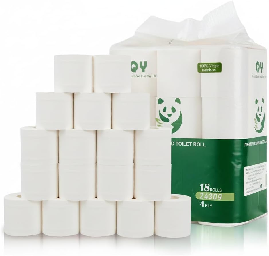 Bamboo Toilet Paper, 4-Ply, 18 Rolls of Septic Safe Organic Bath Tissues, Sustainable and Tree Free, Soft, Strong, Earth-Friendly, Chemical Free PFAS Free, BPA Free - FSC Certified (white)