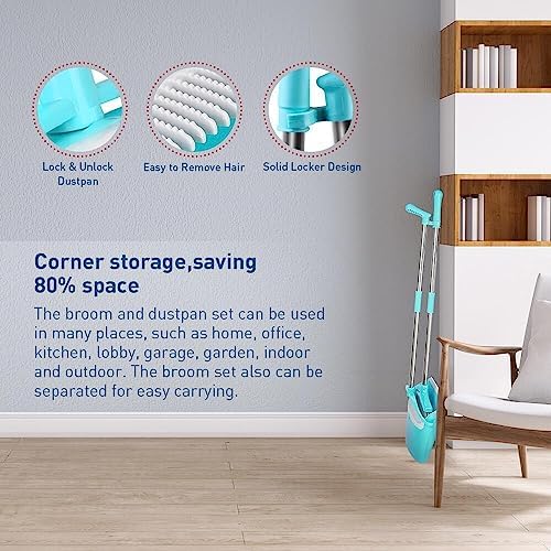 FGY Broom and Dustpan Set Stand Up Broom and Dust Pan Combo for Dog Cat Pets Home Use (Blue)