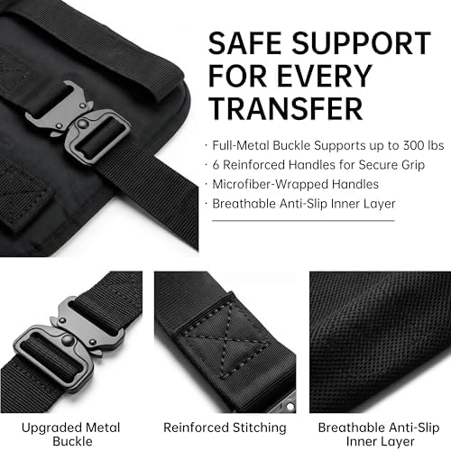 Transfer Sling, Upgraded with Metal Buckle, 6 Reinforced Straps with Hand Grips, Lift & Standing Aid for Caregivers, Elderly & Disabled, Transfer Belt for Home Use (Black, Large)