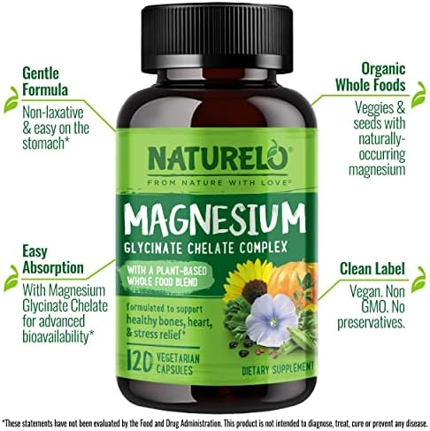 NATURELO Magnesium Glycinate Chelate Complex - 200 mg Magnesium with Organic Vegetables to Support Sleep, Calm, Muscle Cramp & Stress Relief - Gluten Free, Non GMO - 120 Capsules