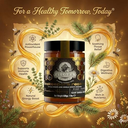 Ellora Farms Greek Honey Single Estate PDO, Pine & Thyme Raw Honey Unfiltered, Beekeepers Reserve, Pure Raw & Unfiltered Cold-Pressed, Gluten Free - 450 g