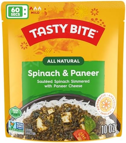 Tasty Bite Kashmir Spinach, Ready to Eat, 10 Ounce, Pack of 6, Microwavable Entrée in Light Curry Sauce, Vegetarian (Packaging May Vary)