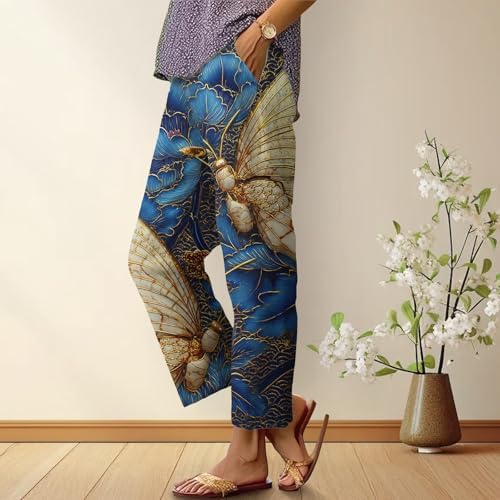 Straight Leg Pants for Women Vintage Japanese Style Print Pants Summer Dressy Baggy High Waist Dressy Loose Trousers