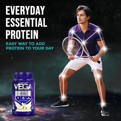 Vega Essential Protein – 25g Plant Based Protein Powder, Creamy Vanilla, Vegan for a Dairy-Free Vanilla Shake – Large Tub, 32.5oz (20 Servings)