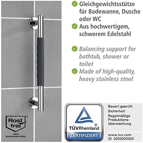 WENKO Secura Stainless Steel Wall Grab Rail 40.5 cm - Bathroom Safety Handle for Bath or Toilet Silicone 40.5 x 5 x 9 cm Anthracite