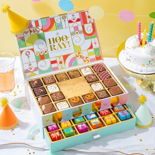 Birthday Gift Basket, Gourmet Candy Food Snack Box, Bday Him & Her, Men, Women, Family Party, Two-Tier Chocolate Gift Box with Assorted Belgian Truffles, 10+ Flavors, Bonnie and Pop (Birthday)