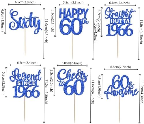 24PCS Blue Happy 60th Birthday Cupcake Toppers Sixty Straight Outta 1966 Cupcake Picks Cheers to 60 Lengend Since 1966 Cake Decorations for 60th Birthday Anniversary Party Decorations Supplies
