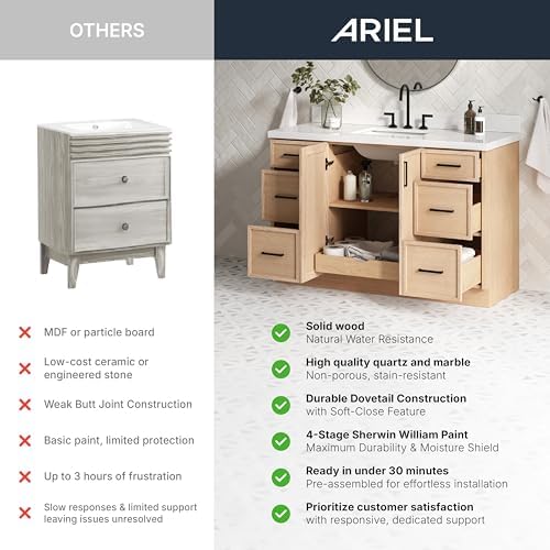ARIEL Cambridge 72-inch Bathroom Vanity with Sink,Solid Wood, 1.5-inch Pure White Quartz Countertop & Backsplash, Double Rectangular Porcelain Sink, 4 Soft Closing Doors, 6 Dovetail Drawers, White