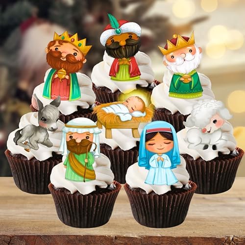 Nativity Christmas Cupcake Toppers, Edible Christmas Cake Decorations, Traditional Nativity Cupcake Decorations, Xmas Cake + Cookie Decor PRECUT 2 inch / 5cm (24)