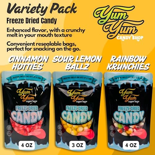 Freeze Dried Candy Variety Pack – Rainbow Krunchies, Sour Lemon Ballz, Cinnamon Hotties – Sweet & Sour Crunchy Snack – 3 Bags – Viral Snack Gift – Yum Yum Candy Shop