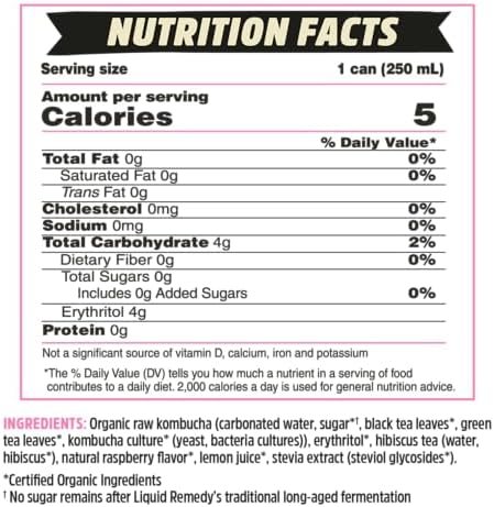 Liquid Remedy Kombucha Sugar Free Organic Drink, Low Calorie, Probiotic Like Tea for Gut Health - Raspberry Lemonade - 8.5 Fl Oz Can, 24-Pack