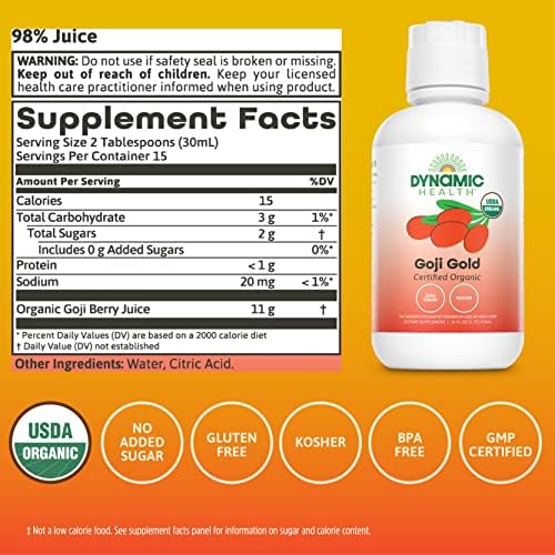 Dynamic Health Organic Goji Gold Pure Juice, No Additives, Vegetarian, BPA Free, 16 Fl oz (Pack of 2)