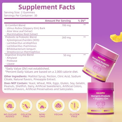 Feminine Probiotics Gummies for Women, Vaginal Probiotics with Slippery Elm,Prebiotics & Probiotics Supports pH Balance,Immune Health, Vegan, Non-GMO, Pineapple Flavor,60 Gummies 1 Pack