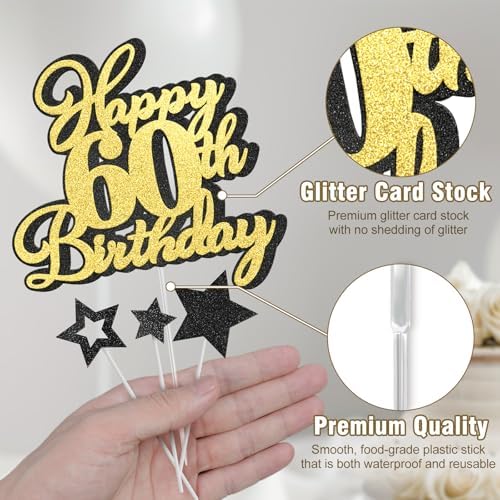 Happy 60th Birthday Cake Topper 60 Birthday Cake Decorations, Happy 60th Birthday Anniversary Party Cake Decorations for Men Women, Black Gold Glitter