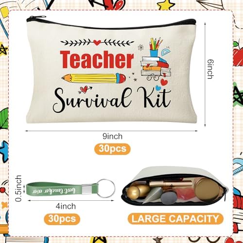 60pcs Teacher Appreciation Gifts Set，Teacher Survival Kit Canvas Makeup Bags for Women, Silicone Keychain Pouch Cosmetic Bag Travel Toiletry Bag for Thank You Gift