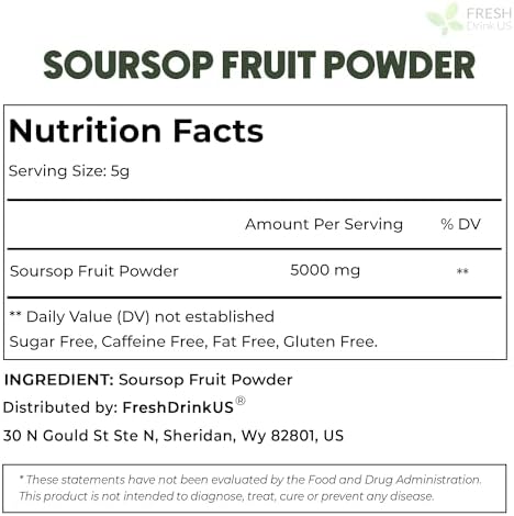 FreshDrinkUS, Premium 1oz Soursop Fruit Powder, 100% Natural and Pure from Soursop Graviola Fruit, Soursop Fruit Tea, No Additives, No Gluten, No Sugar, Vegan, Guanabana Powder, Handmade Product