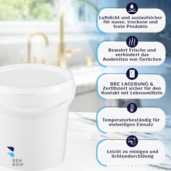 Bucket with Lid, 20 x 1 Litre, White, Food-Safe, Stable, Airtight, Plastic Bucket with Handle, Empty, 20 x 1 Litre
