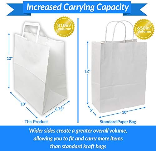 Reli. 100 Pack | 10"x6.75"x12" | Large White Paper Bags w/Handles | Ideal for To Go/Take Out/Restaurant Bags with Handles, Shopping, Retail, Gifts | 25% larger than 10"x5"x13"