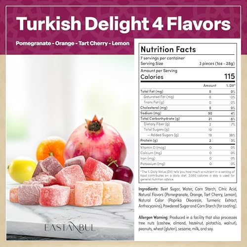 Eastanbul Turkish Delight, 10.5oz, Turkish Delights Candy, 4 Flavors Pomegranate, Orange, Tart Cherry, Lemon, International Candy, Lokum, Plain, Gluten Free, Vegan Gift