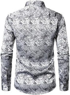 ZEROYAA Men's Shiny Satin Rose Floral Jacquard Long Sleeve Button Up Dress Shirts for Party Prom