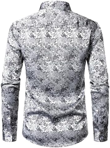 ZEROYAA Men's Shiny Satin Rose Floral Jacquard Long Sleeve Button Up Dress Shirts for Party Prom