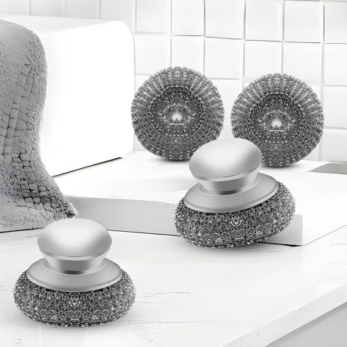 Stainless Steel Wool Scrubber with 2 Replacement Pads - Clean Metal Pans, Pots, Grills & More