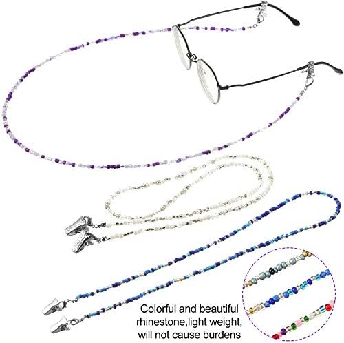 5 Pieces Bead Eyeglass Chains Clip Holder Colorful Beaded Face Covering Lanyards Handmade Necklace with 5 Pairs Silver Clips, 28 Inches Long