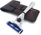 Parker Travel Razor – Compatible with Gillette® Mach3® Cartridges – Compact Chrome Brass Handle with Premium Buffalo Leather Case for Men’s Grooming & Travel