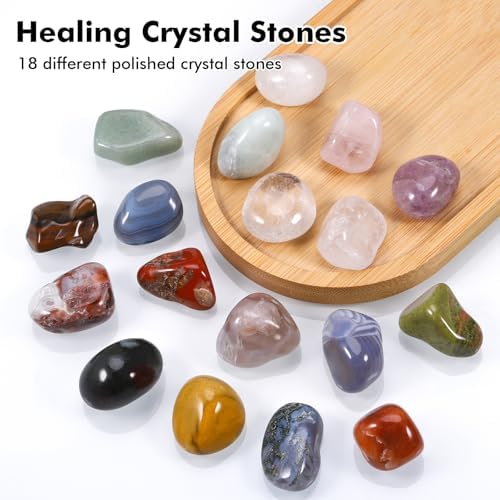 18 Pcs Crystals and Healing Stones Set, Natural Polished Gemstones Collection, Tumbled Healing Crystals for Reiki, Yoga, Chakra Meditation and Positive Energy (0.8-1.2 Inch)