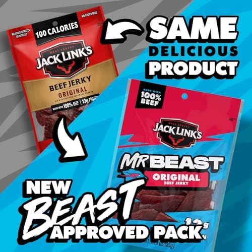 Jack Link's x MrBeast Original Beef Jerky - (10 Pack) 1.25 oz Bags - Ready to Eat Protein Snacks - 13g Protein per Serving - Made with 100% Real Beef