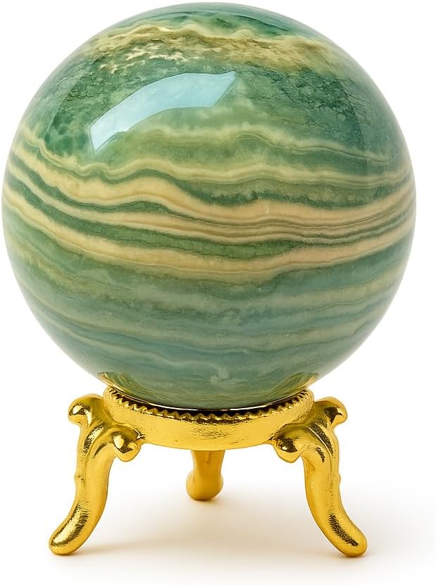 WholesaleGemShop Natural Green Ocean Jasper Quartz 40-45 mm Ball Sphere with Stand Gemstone A+ Hand Carved Crystal Altar Healing Devotional Spiritual Chakra Cleansing Metaphysical Gift for Men Women