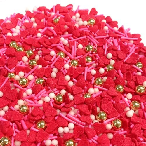 Sentovac Valentine Gold Peals Sprinkles Red Heart Jimmies Sprinkles Mix Edible for Cake Decorating Candy Cupcake Cake Topper Cookie Baking Decorations Wedding Supplies