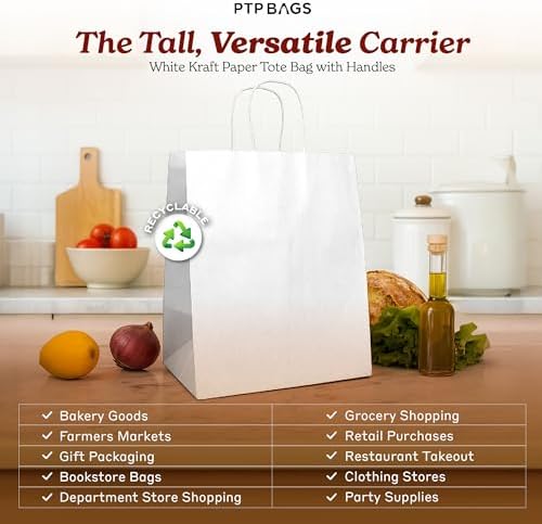PTP BAGS White 10" x 7" x 12" Bistro Bags, White Paper Bags with Handles [Pack of 250] Recyclable Kraft Paper Gift, Food Service Bag