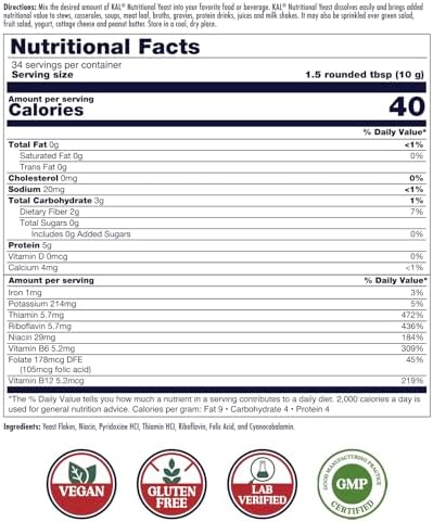 KAL Nutritional Yeast Flakes, Fortified with B12, Folic Acid & Other B Vitamins, Unsweetened, Great Nutty Flavor, Vegan & Gluten Free, 60-Day Money Back Guarantee, Made in the USA, 34 Servings, 12oz