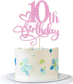 Happy 10th Birthday Cake Topper，Anniversary Party/Boy or Girl Ten Year Old Birthday Party Supplies Pink Glitter
