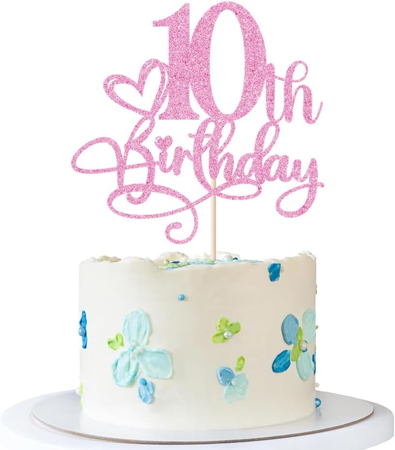 Happy 10th Birthday Cake Topper，Anniversary Party/Boy or Girl Ten Year Old Birthday Party Supplies Pink Glitter