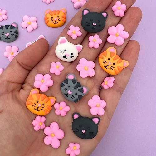 Icing Kittens & Blossoms | 26 Pieces | Sugar Decorations | Icing Cats | Mini Sugar Cats | Edible Sugar Kitties | Icing Flowers | Cat Sprinkles | Sprinkle Mix | Pink Flowers | Royal Icing Cats | Simply Sucré (26 Kittens & Blossoms)