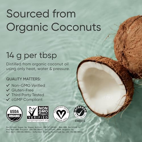 Sports Research Organic MCT Oil - Vegan & Keto C8, MCTs from Coconuts - Fatty Acid Brain & Body Fuel, Non-GMO & Gluten Free - Flavorless Oil, Perfect in Coffee, Tea & Protein Shakes - 16 oz