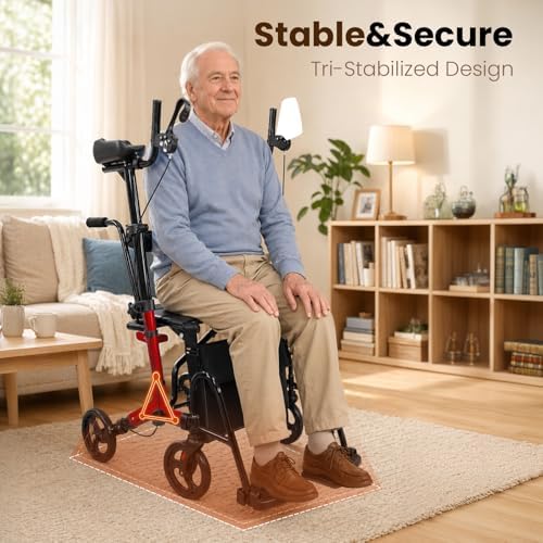 Upright Walkers for Seniors 450 lbs Capacity, 22 lbs Foldable Lightweight Walkers for Seniors with Seat, Armrest and Pedal, Height Adjustable Rollator Walker with Seat for Travel & Gift (Red)
