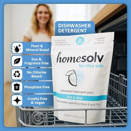 Homesolv Dishwasher Detergent Pods Free and Clear - Plant and Mineral Based Dish Washer Tablets for Spotless Dishes - Eco Friendly Dishwasher Pods - (20 Count 1-Pack)